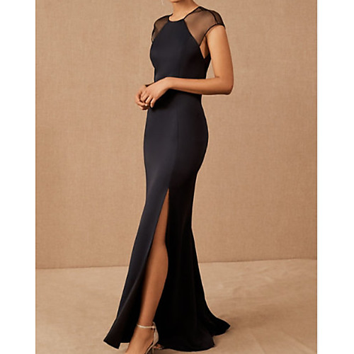 

Mermaid / Trumpet Elegant Minimalist Party Wear Formal Evening Dress Jewel Neck Short Sleeve Sweep / Brush Train Spandex with Split 2020