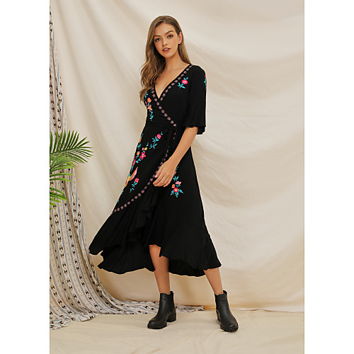 

Women's Swing Dress Maxi long Dress - Half Sleeve Floral Split Summer Vintage Mumu 2020 Black XXS XS S M L