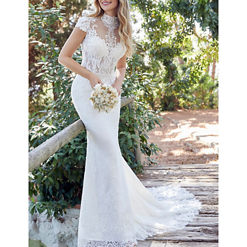 

Mermaid / Trumpet Wedding Dresses High Neck Sweep / Brush Train Lace Satin Short Sleeve Vintage Sexy Backless with Embroidery 2020