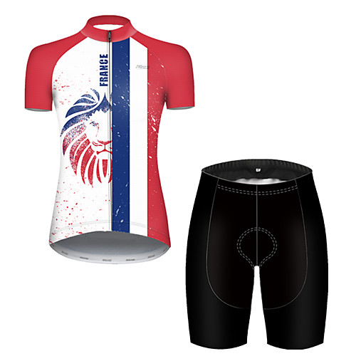 

21Grams Women's Short Sleeve Cycling Jersey with Shorts Polyester Black / Red Lion France National Flag Bike Clothing Suit Breathable Quick Dry Ultraviolet Resistant Reflective Strips Sweat-wicking