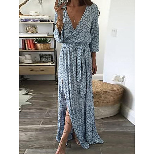 

Women's Maxi Sheath Dress - 3/4 Length Sleeve Print Split Spring Summer V Neck Sexy Mumu Holiday Going out Loose 2020 Green Gray S M L XL XXL