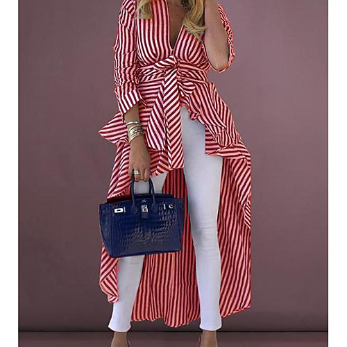 

Women's Striped Shirt Daily V Neck Blue / Red