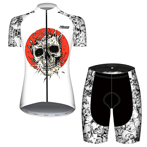 

21Grams Women's Short Sleeve Cycling Jersey with Shorts Black / White Skull Bike Clothing Suit Breathable 3D Pad Quick Dry Ultraviolet Resistant Reflective Strips Sports Patterned Mountain Bike MTB