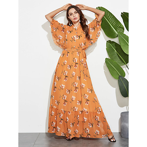 

Women's A-Line Dress Short Sleeves Floral Ruffle Patchwork Summer Elegant Boho Daily Going out Flare Cuff Sleeve 2020 Yellow M L XL XXL