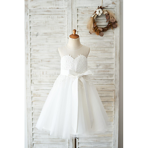 

Ball Gown Knee Length Wedding / Birthday Flower Girl Dresses - Lace / Tulle Sleeveless Jewel Neck with Lace / Belt