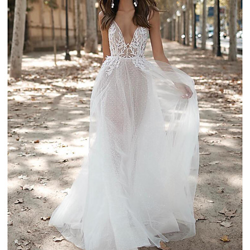 

A-Line Wedding Dresses V Neck Floor Length Lace Tulle Sleeveless Sexy See-Through with Embroidery 2020