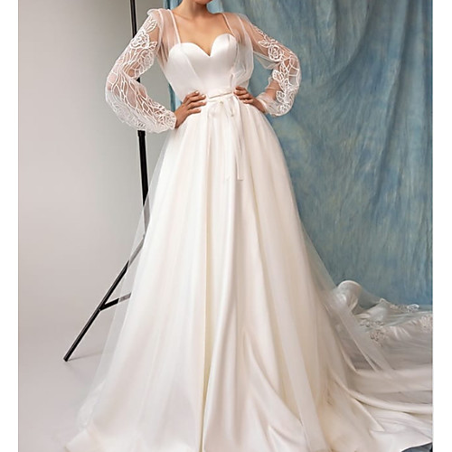 

A-Line Wedding Dresses Sweetheart Neckline Court Train Lace Satin Long Sleeve Sexy See-Through with Embroidery 2020