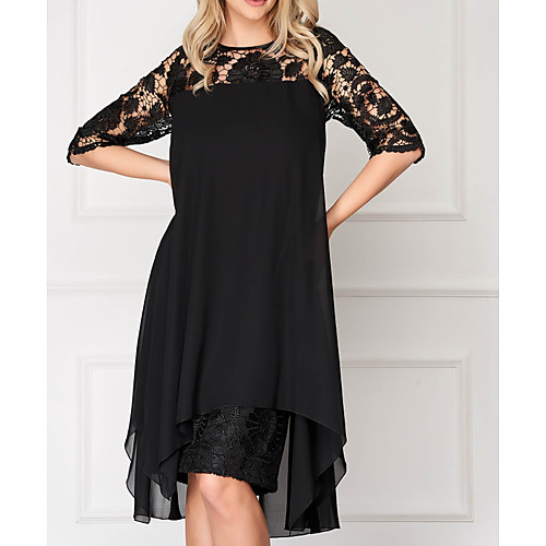 

A-Line Mother of the Bride Dress Elegant Illusion Neck Knee Length Chiffon Lace Half Sleeve with Lace Pleats Appliques 2020