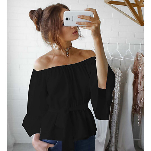 

Women's Solid Colored Blouse Daily Weekend Off Shoulder Wine / White / Black / Blushing Pink
