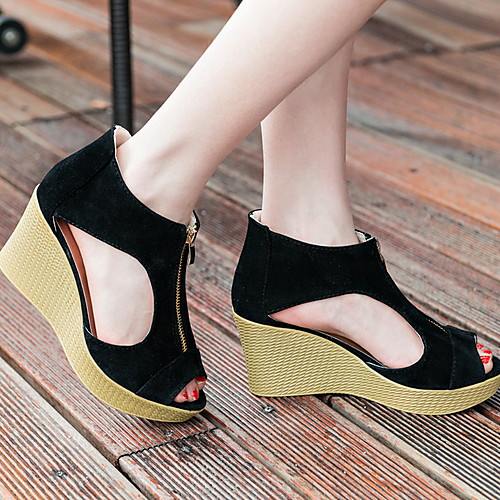 

Women's Sandals Wedge Sandals Spring & Summer Wedge Heel Round Toe Daily Suede Almond / Black