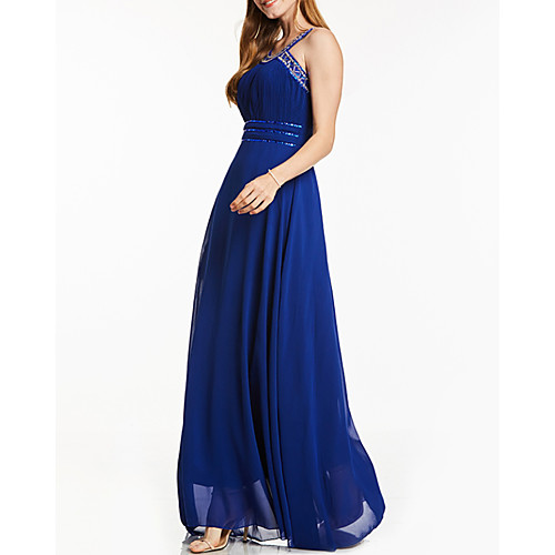 

A-Line Elegant Sparkle Prom Formal Evening Dress Halter Neck Sleeveless Floor Length Chiffon with Sequin 2020