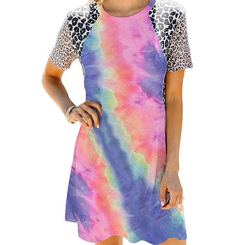 

Women's Shift Dress Knee Length Dress - Short Sleeves Leopard Tie Dye Summer Casual 2020 Rainbow S M L XL XXL