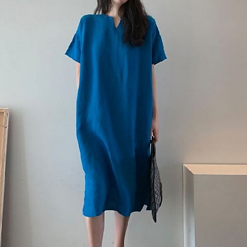 

Women's Shift Dress - Short Sleeves Solid Color Summer V Neck Street chic Loose 2020 Blue S M L XL