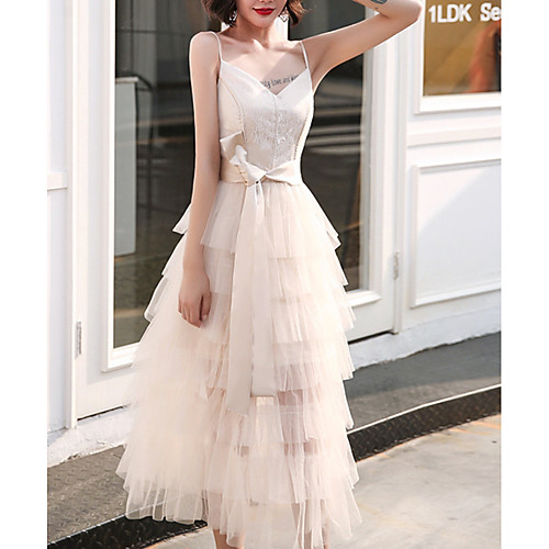 

A-Line Elegant Minimalist Homecoming Cocktail Party Dress Spaghetti Strap Sleeveless Ankle Length Tulle with Tier 2020