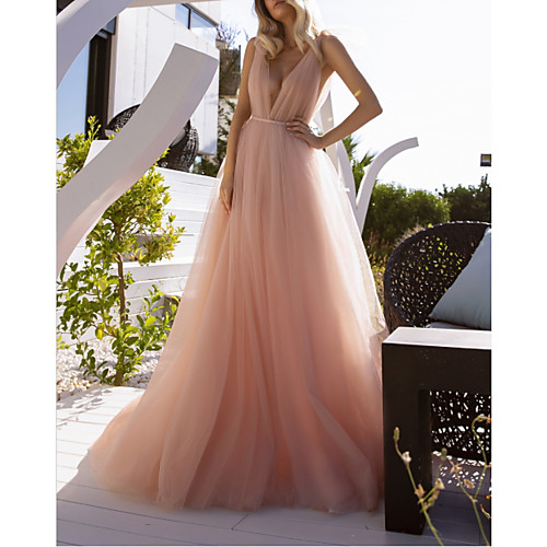 

A-Line Wedding Dresses V Neck Court Train Chiffon Sleeveless Beach Sexy Wedding Dress in Color See-Through with Sashes / Ribbons Split Front 2021