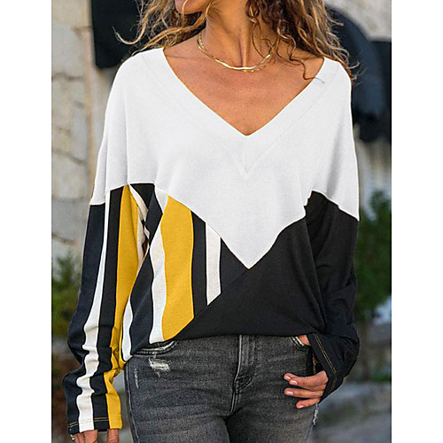 

Women's T shirt Color Block Long Sleeve V Neck Tops Basic Top White Blue Purple