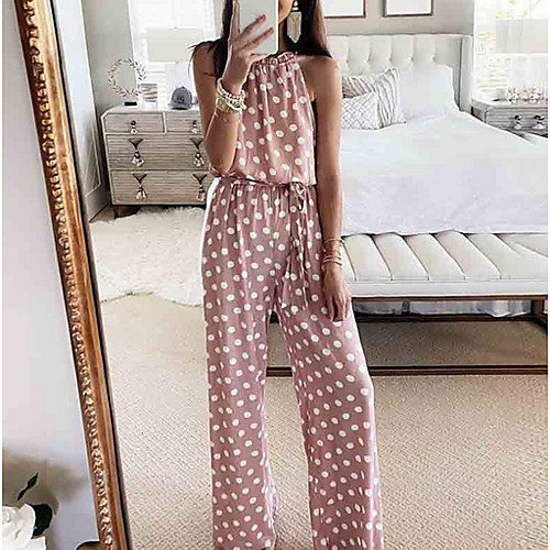 

Women's Blushing Pink Jumpsuit Onesie, Polka Dot S M L