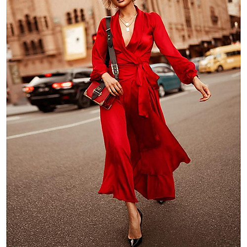 

Women's Wrap Dress Maxi long Dress - Long Sleeve Solid Color Spring Summer V Neck Sexy Going out 2020 Purple Red S M L XL XXL XXXL