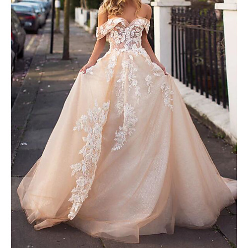 

A-Line Wedding Dresses Jewel Neck Court Train Lace Tulle Short Sleeve Formal Wedding Dress in Color with Embroidery 2020