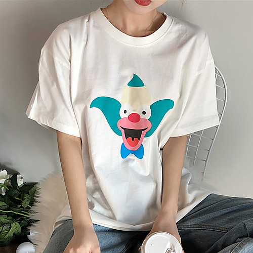 

Women's Cartoon White Print Loose T-shirt Daily White