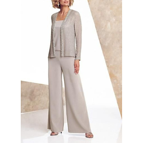 

Pantsuit / Jumpsuit Mother of the Bride Dress Elegant Square Neck Floor Length Chiffon Long Sleeve with Beading 2021