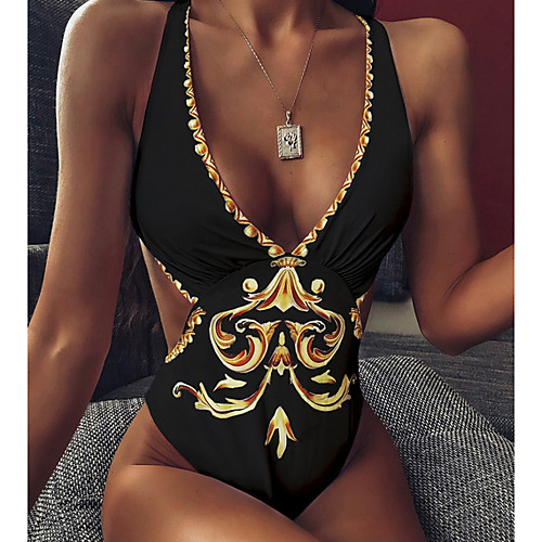 

Women's Black White One-piece Swimwear Swimsuit - Geometric S M L Black