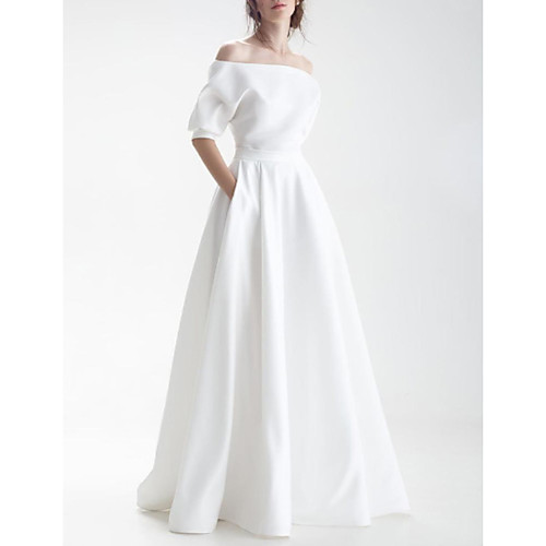 

A-Line Wedding Dresses Off Shoulder Sweep / Brush Train Chiffon Over Satin Half Sleeve Simple with Sashes / Ribbons Bow(s) 2021
