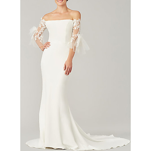 

Mermaid / Trumpet Wedding Dresses Off Shoulder Sweep / Brush Train Tulle Stretch Satin 3/4 Length Sleeve Simple Illusion Sleeve with Bow(s) Appliques 2021