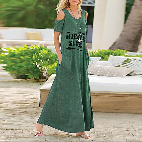 

Women's Shift Dress Maxi long Dress - Short Sleeves Letter Spring Fall Casual Daily 2020 Blue Green Gray S M L XL