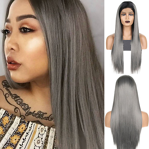 

Synthetic Lace Front Wig Straight Middle Part Lace Front Wig Ombre Long Ombre Grey Synthetic Hair 18-26 inch Women's Cosplay Soft Adjustable Gray Ombre