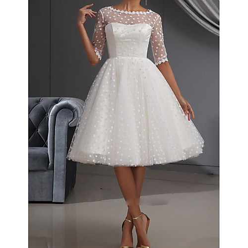 

A-Line Wedding Dresses Jewel Neck Knee Length Lace Tulle Half Sleeve Vintage Little White Dress 1950s with Embroidery 2020