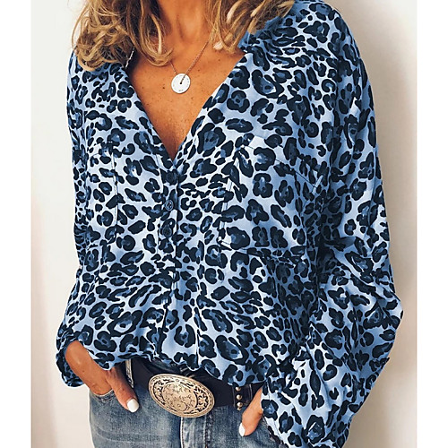 

Women's Blouse Shirt Leopard Cheetah Print Long Sleeve Print V Neck Tops Basic Top Blushing Pink Khaki Navy Blue