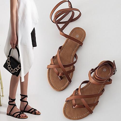 

Women's Sandals Flat Sandal Summer Flat Heel Open Toe Roman Shoes Daily PU Black / Brown