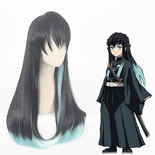 

Cosplay Wig Tokitou Muichirou Demon Slayer Straight Layered Haircut With Bangs Wig Very Long Black / Green Synthetic Hair 28 inch Women's Anime Cosplay Exquisite Black Green