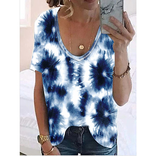 

Women's T shirt Geometric Print V Neck Tops Basic Top Blue Purple Red