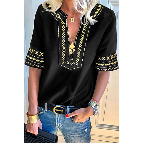 

Women's Geometric Patchwork Print T-shirt Daily V Neck Black / Blue / Green