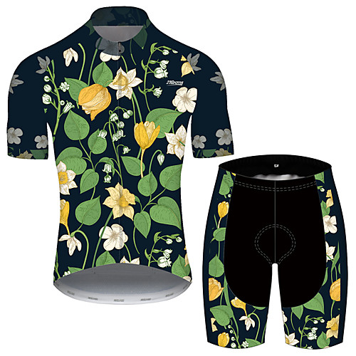 

21Grams Men's Short Sleeve Cycling Jersey with Shorts Green / Black Floral Botanical Bike UV Resistant Quick Dry Sports Patterned Mountain Bike MTB Road Bike Cycling Clothing Apparel / Stretchy