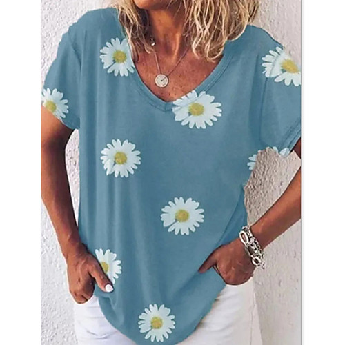

Women's T shirt Floral Flower V Neck Tops Basic Top Yellow Khaki Gray