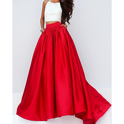 

Two Piece Color Block Minimalist Engagement Formal Evening Dress Halter Neck Sleeveless Floor Length Satin with Pleats 2021