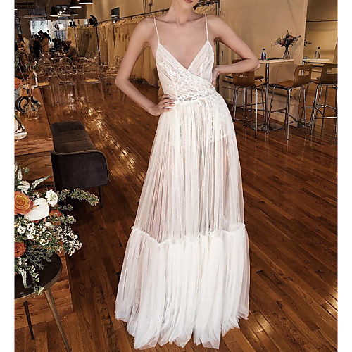 

A-Line Wedding Dresses V Neck Spaghetti Strap Floor Length Lace Tulle Sleeveless Beach Sexy See-Through with Pleats Side-Draped 2020