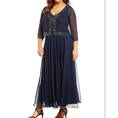 

Two Piece Sheath / Column Mother of the Bride Dress Elegant Plus Size V Neck Ankle Length Chiffon 3/4 Length Sleeve with Pleats Sequin 2020
