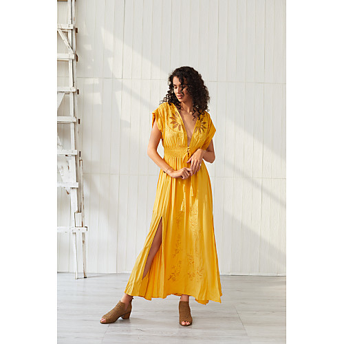 

Women's Swing Dress Maxi long Dress - Short Sleeves Solid Color Button Print Summer Elegant Going out Beach 2020 Yellow XS S M L XL