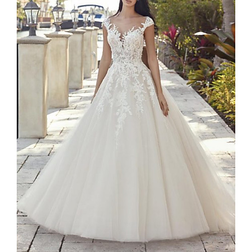 

Ball Gown A-Line Wedding Dresses Jewel Neck Sweep / Brush Train Lace Tulle Short Sleeve Sexy See-Through Backless with Embroidery Appliques 2020
