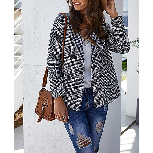 

Women's Daily Regular Coat, Plaid Notch Lapel Long Sleeve Polyester Black