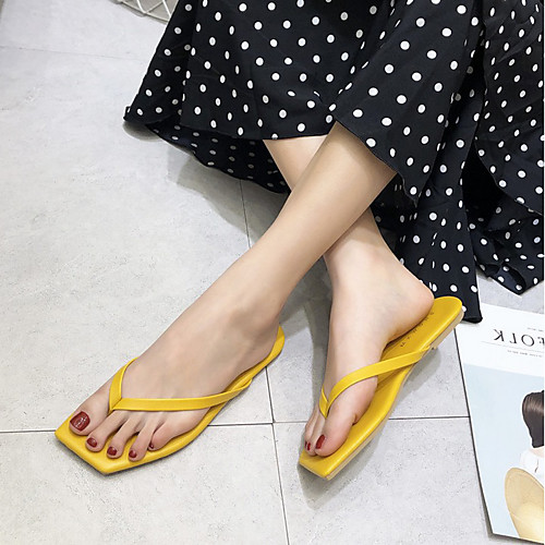 

Women's Slippers & Flip-Flops Summer Flat Heel Square Toe Daily Beach PU Almond / Black / Yellow
