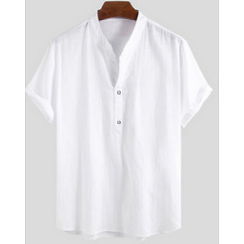 

Men's Solid Colored Shirt - Linen Daily Standing Collar White / Summer / Short Sleeve