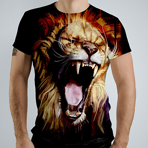 

Men's Graphic Animal Lion T-shirt Basic Elegant Daily Going out Brown