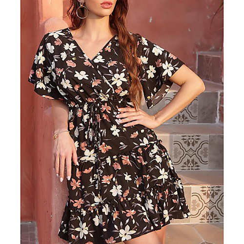 

Women's A Line Dress - Short Sleeves Floral Summer Street chic 2020 White Black Blushing Pink Khaki S M L XL