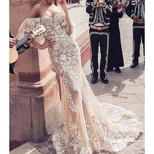 

Mermaid / Trumpet Wedding Dresses Off Shoulder Sweep / Brush Train Lace Tulle Half Sleeve Sexy See-Through with Embroidery Appliques 2020