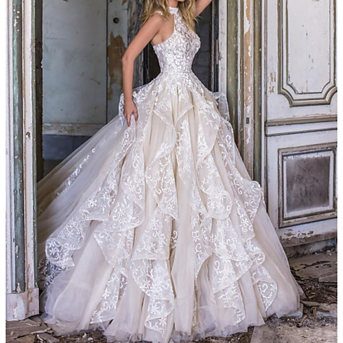 

Ball Gown A-Line Wedding Dresses Halter Neck Court Train Lace Tulle Sleeveless Formal with Cascading Ruffles 2020